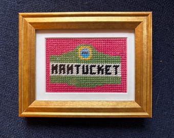 Miniature Framed Nantucket Needlepoint Sign- Green & Pink