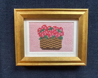 Miniature Framed Pink Hydrangea Needlepoint