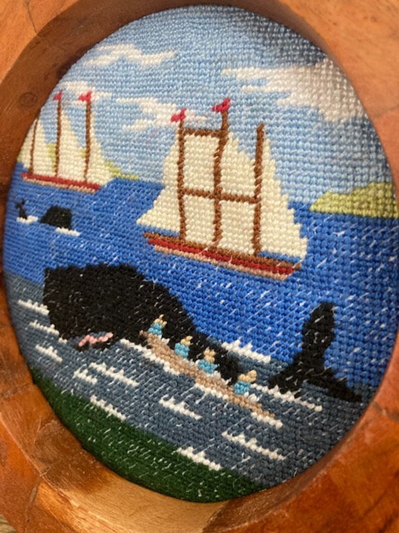 Handmade Whale and Ship Scene Needlepoint in Round Frame