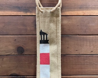 Beige Hand Painted Nantucket Sankaty Lighthouse Wine Burlap Tote Bag- Single Bottle Carrier