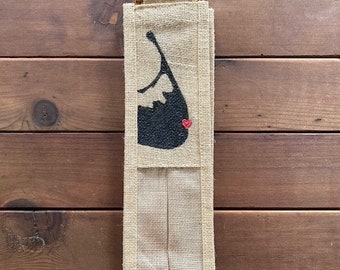 Beige Hand Painted Nantucket Black Island Wine Burlap Tote Bag- Single Bottle Carrier With Window