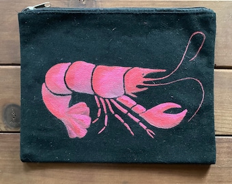 Hand Painted Original Lobster Black Canvas Pouch