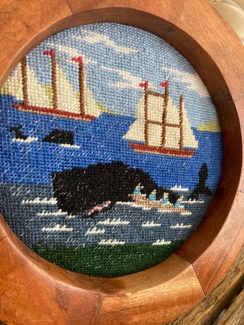Handmade Whale and Ship Scene Needlepoint in Round Frame