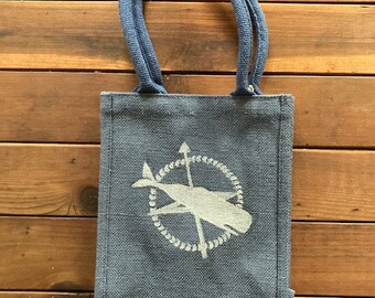 Navy Hand Painted Nantucket Flag Burlap Tote Bag- Small