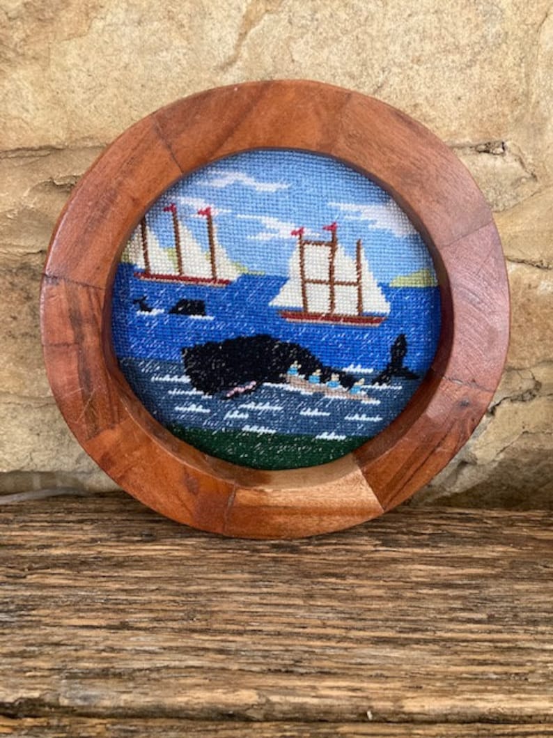 Handmade Whale and Ship Scene Needlepoint in Round Frame