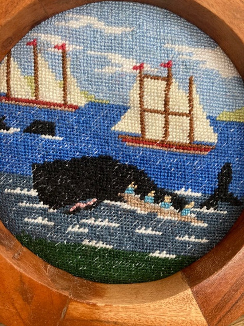 Handmade Whale and Ship Scene Needlepoint in Round Frame