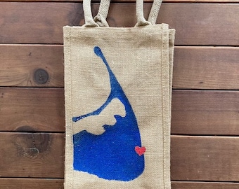 Beige Hand Painted Nantucket Blue Island Sconset Wine Burlap Tote Bag- 2 Bottle Carrier