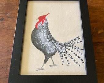 Hand Painted Original Framed Rooster Painting on Canvas- Black Long Feathers