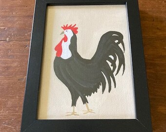 Hand Painted Original Framed Rooster Painting on Canvas- Black