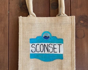 Beige Hand Painted Nantucket Sconset Sign Burlap Tote Bag- Small