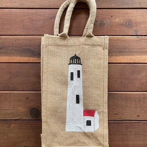 Beige Hand Painted Nantucket Great Point Lighthouse Wine Burlap Tote Bag- 2 Bottle Carrier