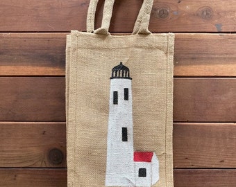 Beige Hand Painted Nantucket Great Point Lighthouse Wine Burlap Tote Bag- 2 Bottle Carrier