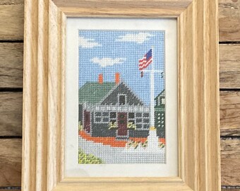 Framed Nantucket Sconset Village Needlepoint- Post Office & Rotary