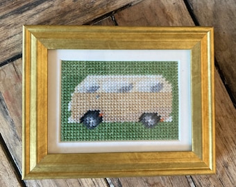 Miniature Framed VW Bus Needlepoint- Yellow & Green