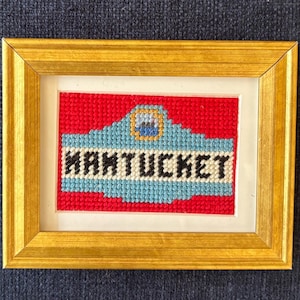 Miniature Framed Nantucket Needlepoint Sign- Blue & Red