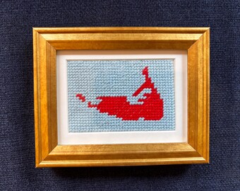 Miniature Framed Nantucket Island Needlepoint- Blue and Red