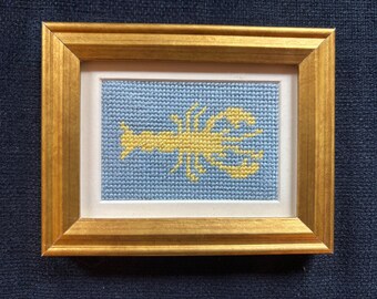 Miniature Framed Blue and Yellow Lobster Needlepoint