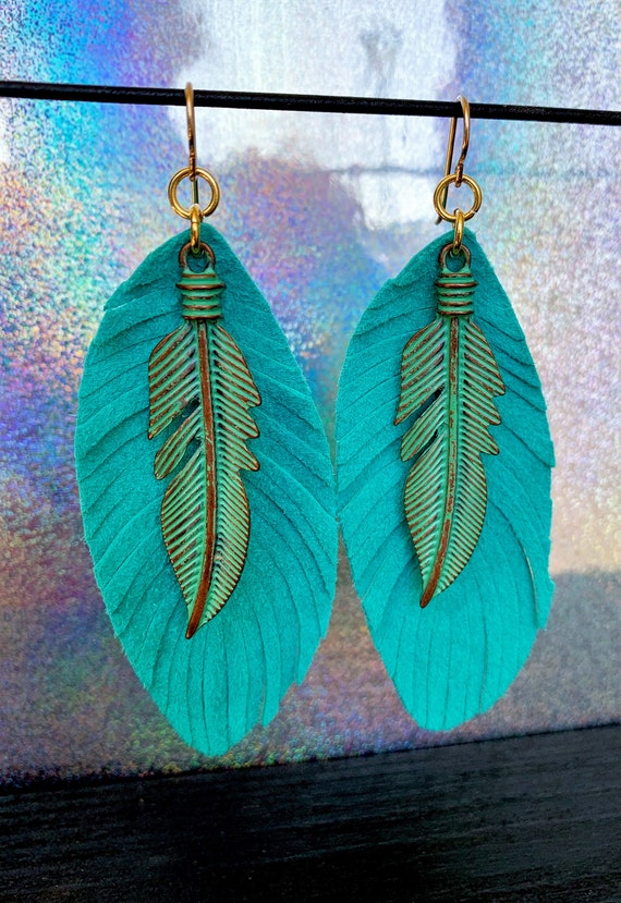 Teal shop feather earrings