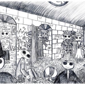 May include: Black and white line drawing illustration of a group of cartoon characters in a room. The characters are wearing various outfits and hats. The room has a brick wall and a tiled floor. The text "WEEBZ//WETHE OKLO BOK DWEERZ ALBUM" is visible in the image.