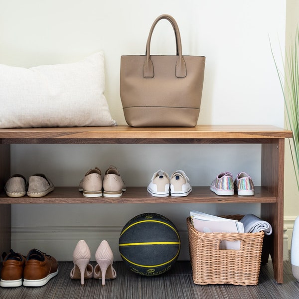 Shoe storage bench made from Solid 100%  North-American Hardwood- Entryway bench with shoe rack