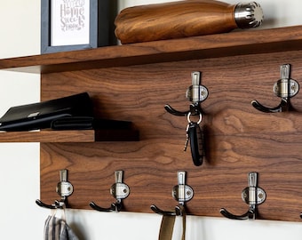 Custom Hardwood Entryway Organizer: Floating Shelf with Coat and Key Hooks#05