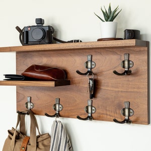 Custom Hardwood Entryway Organizer: Floating Shelf with Coat and Key Hooks#05