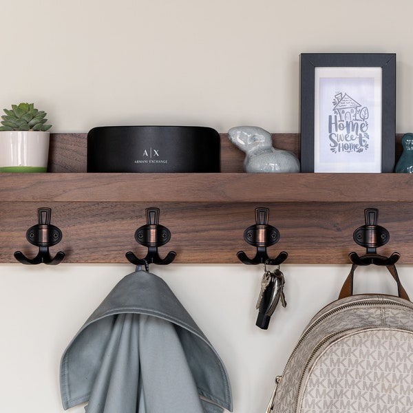 Natural Hardwood Entryway Organizer, Handmade Letter Key Holder and Coat Rack, Wall-mounted Home Décor, Floating Shelf#10