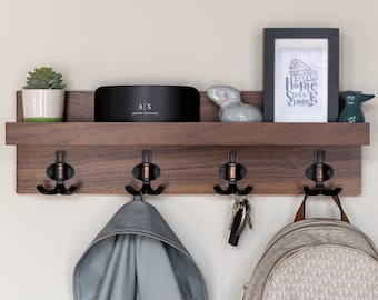 Natural Hardwood Entryway Organizer, Handmade Letter Key Holder and Coat Rack, Wall-mounted Home Décor, Floating Shelf#10