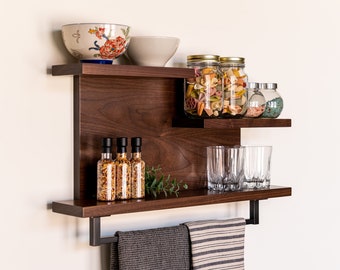 Modern Rustic Walnut Handmade Hardwood Bathroom and Kitchen Storage, Wall Organizer #03, Floating Shelf with 18" Towel Bar