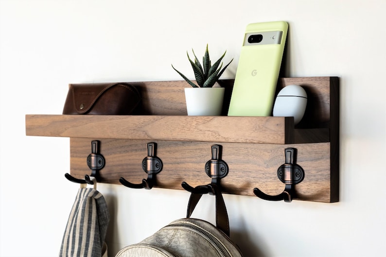Straga Handmade Hardwood Entryway Organizer – Floating Shelf with 3 or 4 Hooks & Picture Holder – Wall Mounted Coatrack, Made in USA – #10 image 9