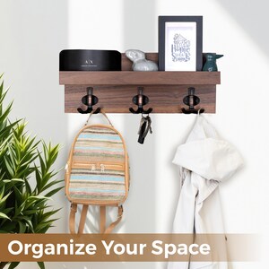 Straga Handmade Hardwood Entryway Organizer – Floating Shelf with 3 or 4 Hooks & Picture Holder – Wall Mounted Coatrack, Made in USA – #10 18" Walnut