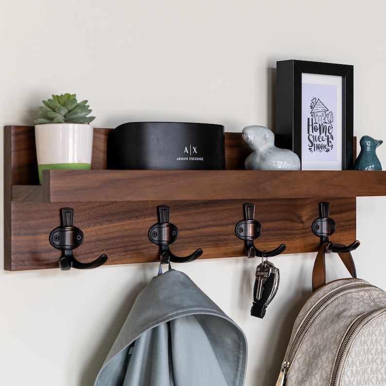 Straga Handmade Hardwood Entryway Organizer – Floating Shelf with 3 or 4 Hooks & Picture Holder – Wall Mounted Coatrack, Made in USA – #10 image 10