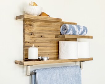 Handmade Modern Rustic Wormy Maple Bathroom and Kitchen Wall Organizer, Storage, Hardwood Floating Shelf with 18" Towel Bar #03