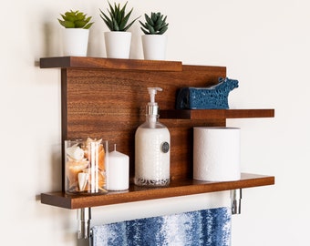 Modern Mahogany Handmade Hardwood Bathroom and Kitchen Floating Shelf with 18 inch Towel Bar #03