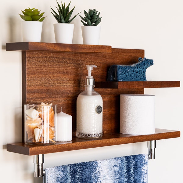 Modern Mahogany Handmade Hardwood Bathroom and Kitchen Floating Shelf with 18 inch Towel Bar #03