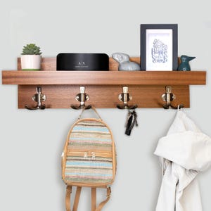 Straga Handmade Hardwood Entryway Organizer – Floating Shelf with 3 or 4 Hooks & Picture Holder – Wall Mounted Coatrack, Made in USA – #10 23" Mahogany