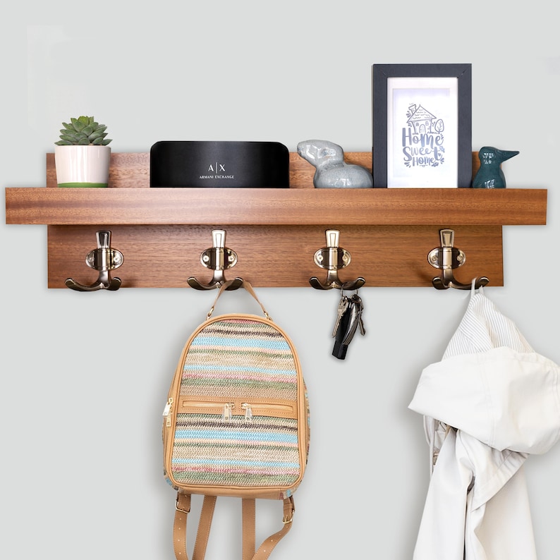 Straga Handmade Hardwood Entryway Organizer – Floating Shelf with 3 or 4 Hooks & Picture Holder – Wall Mounted Coatrack, Made in USA – #10 23" Mahogany