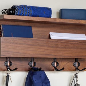 Handmade Hardwood Entryway Organizer: Walnut, Mahogany, or Maple Shelf with Hooks#04