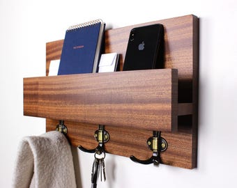 Handmade Hardwood Entryway Mail Key Organizer, Modern Rustic Mail Letter Holder, Key Storage, Wall-mounted Coat Rack, Home Decor, Shelf #01