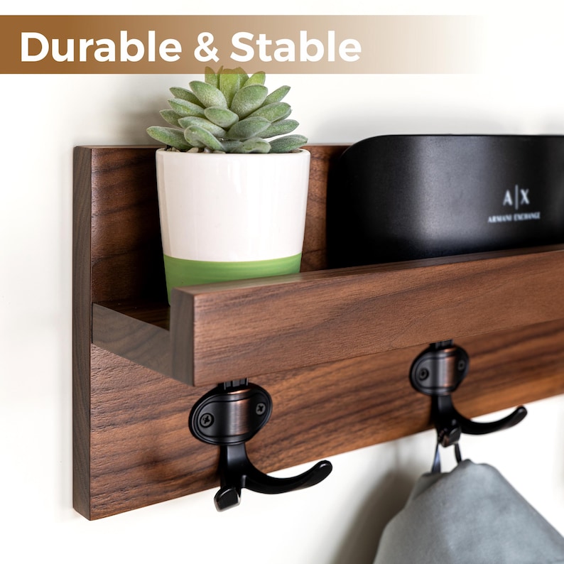 Straga Handmade Hardwood Entryway Organizer – Floating Shelf with 3 or 4 Hooks & Picture Holder – Wall Mounted Coatrack, Made in USA – #10 image 2