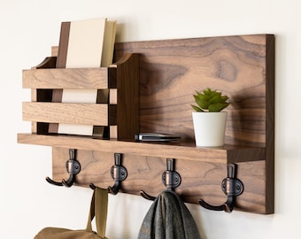 Handmade Hardwood Coat Rack: Rustic Entryway Organizer with Letter Shelf#06