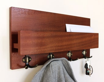 Entryway Coat Rack Organizer, Mail Envelope Storage and Key Holder Hooks, Handmade Home Decor, Hardwood Shelf #01