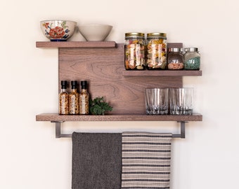 Handmade Walnut Floating Shelf with Towel Bar: Rustic Kitchen & Bathroom Organizer