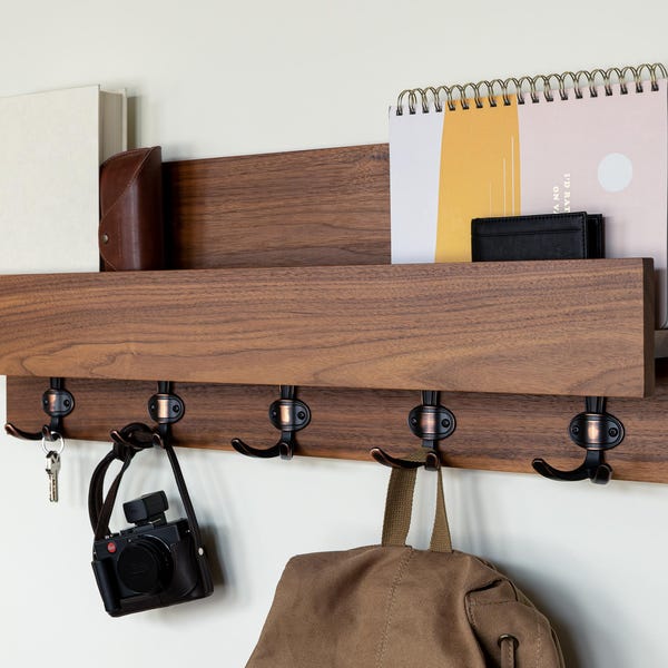 Handmade Hardwood Entryway Organizer: Rustic Mail & Key Holder with Coat Hooks #01