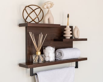 Modern Walnut Handmade Bathroom and Kitchen Hardwood Floating Shelf with 18 inch Towel Bar #03