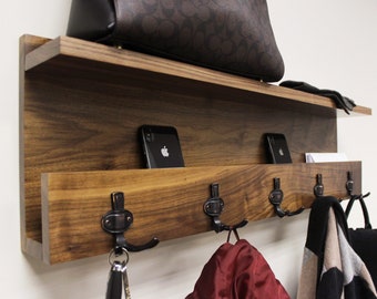 Hardwood Entryway Organizer, Natural Handmade Coat Rack, Modern Rustic Letter Key Holder, Home Decor, Floating Shelf #02