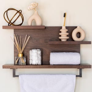Modern Walnut Handmade Bathroom and Kitchen Hardwood Floating Shelf with 18 inch Towel Bar #03