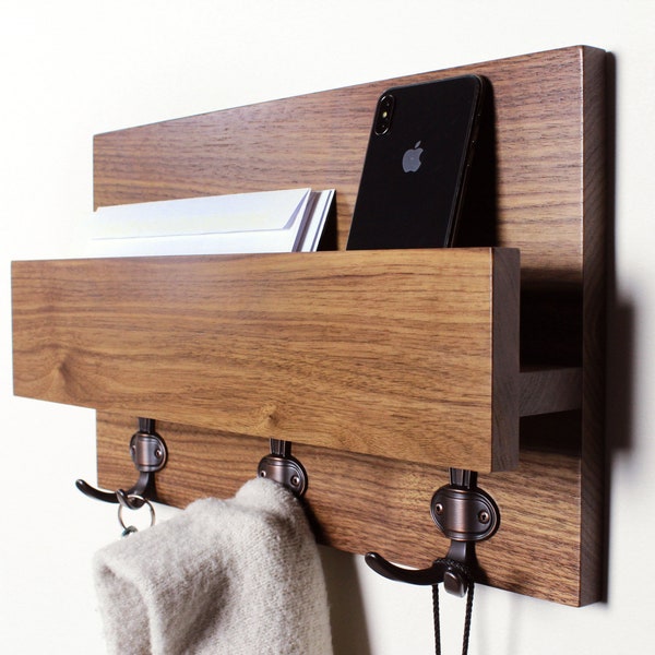 Entryway Mail Key Organizer, Hardwood Modern Rustic Letter Holder , Handmade Key Storage, Wall-mounted Coat Rack, Home Decor, Shelf #01