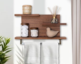 Straga Handmade Mahogany 3-Tier Stylish & Functional Floating Shelf with Towel Bar – Bathroom, Kitchen, or Mudroom Organizer – Made in USA