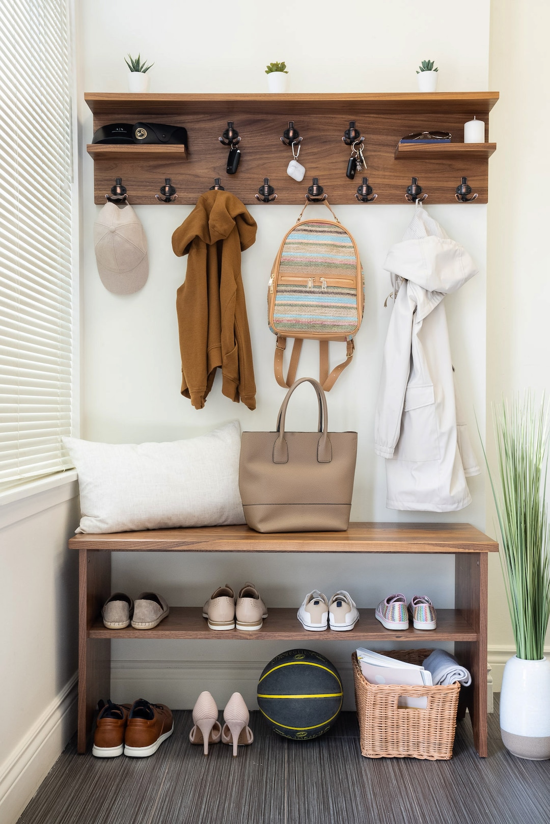 Hardwood Hall Tree: Entryway Bench With Shoe Rack Wall Shelf#09